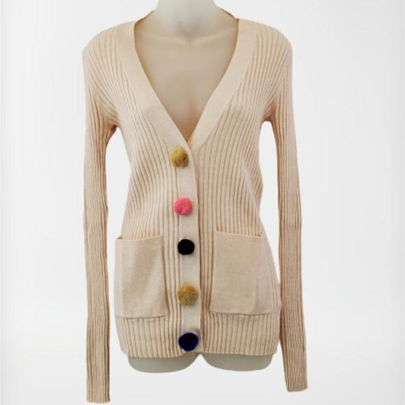 Ribbed neutral cardigan with pom pom snaps size XS NWT - Picture 3 of 11